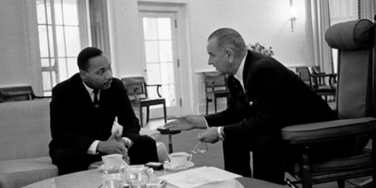 President Lyndon B. Johnson speaks with Martin Luther King Jr. in the Oval Office, December 1963. (Photo courtesy of the LBJ Library)