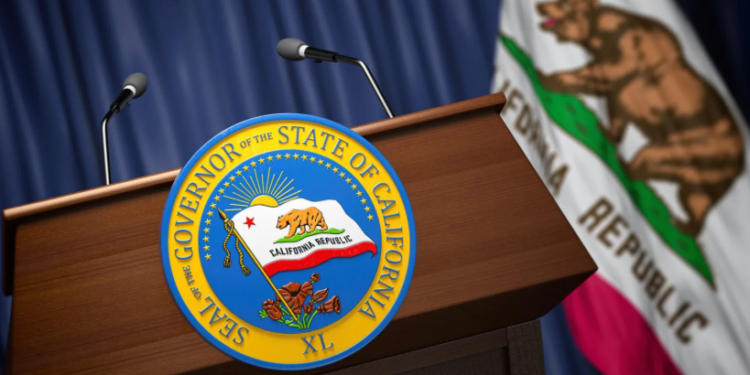 Governor of California Press Conference Concept: A 3D illustration depicting the Seal of the Governor of the State of California displayed on a podium, accompanied by the flags of the United States and the State of California in the background.