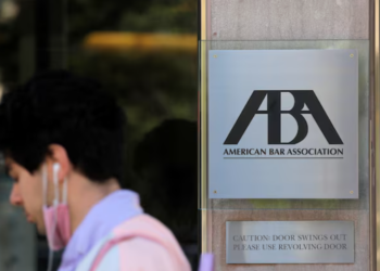 A sign outside the American Bar Association (ABA) headquarters in Washington, D.C., U.S., captured on May 10, 2021. REUTERS/Andrew Kelly.