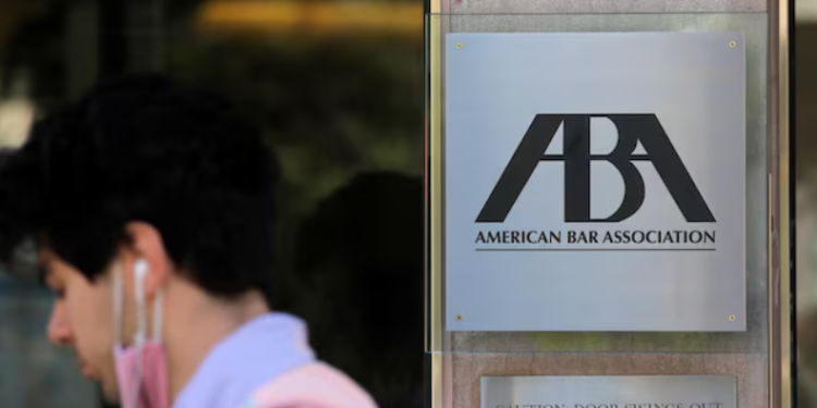 A sign outside the American Bar Association (ABA) headquarters in Washington, D.C., U.S., captured on May 10, 2021. REUTERS/Andrew Kelly.