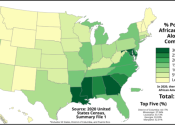 Percentage of African Americans in each U.S. state, Washington, D.C., and Puerto Rico according to the 2020 United States Census.