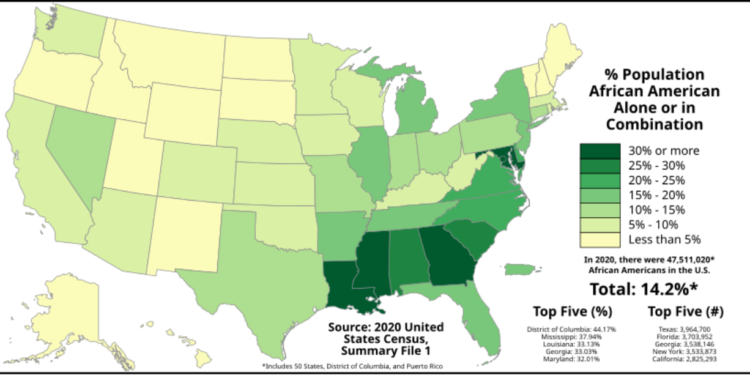 Percentage of African Americans in each U.S. state, Washington, D.C., and Puerto Rico according to the 2020 United States Census.