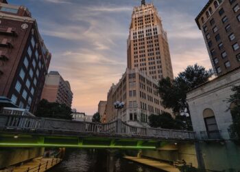 tower life building at sunset in san antonio