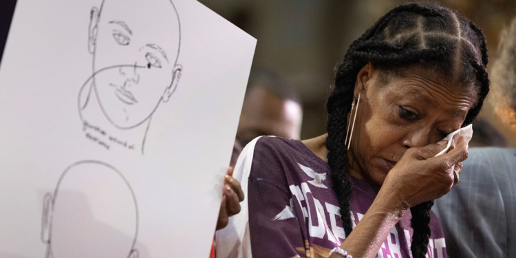Donna Massey, the mother of shooting victim Sonya Massey, wipes away tears during a press conference in Chicago, Illinois, on July 30, 2024. Sonya Massey was fatally shot in the head inside her home by Sangamon County Sheriff's Deputy Sean Grayson after she called the police to report a suspected prowler. Photo: Scott Olson/Getty Images