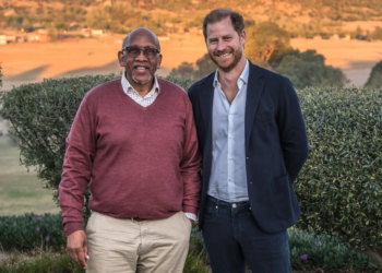Prince Seeiso of Lesotho and Prince Harry, Duke of Sussex, participate in a welcome event at Sentebale Mamohato Children’s Centre in Maseru, Lesotho, on October 1, 2024. (Brian Otieno/Getty Images for Sentebale)