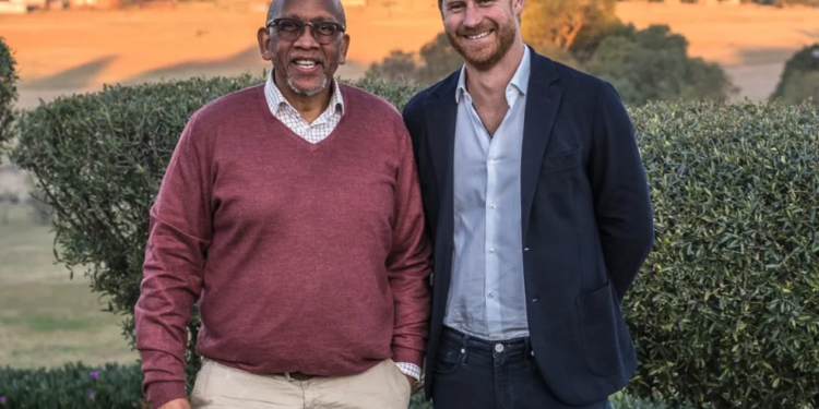 Prince Seeiso of Lesotho and Prince Harry, Duke of Sussex, participate in a welcome event at Sentebale Mamohato Children’s Centre in Maseru, Lesotho, on October 1, 2024. (Brian Otieno/Getty Images for Sentebale)