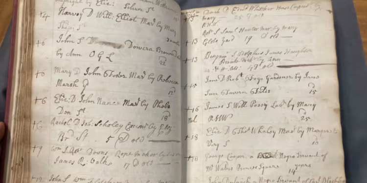 Baptismal records from 1749 provide insight into Black communities in 18th-century London. Photograph: Tony T / Communities of Liberation / Tower Hamlets Local History Library and Archives