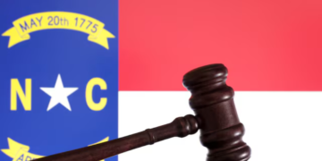 An illustration of the North Carolina state flag is shown in this image, taken on August 21, 2024. REUTERS/Dado Ruvic/Illustration.